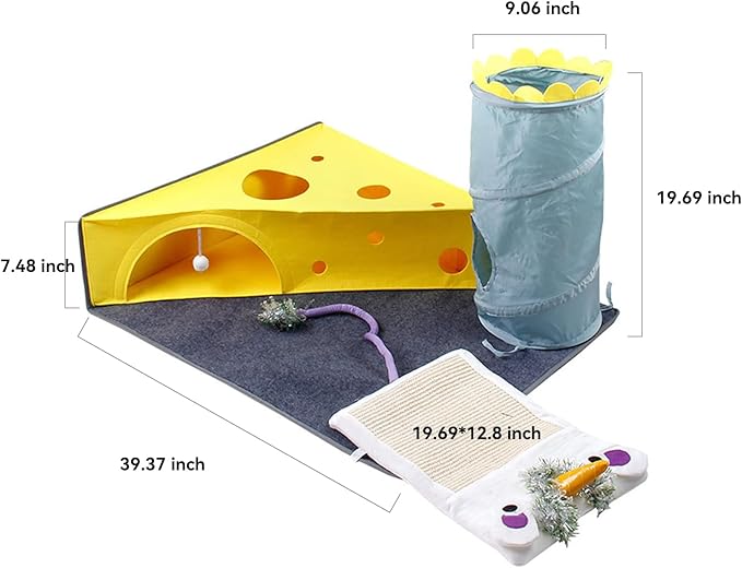 Cat Tunnel Bed for Indoor Cats Peekaboo, Warm 2-in-1 Cheese Shape Design with Ball Toy Large Cat Felt Mat, Scratch Resistant Cat Activity Play Mats for Multiple Cats, Dogs Up to 10lb [Yellow]