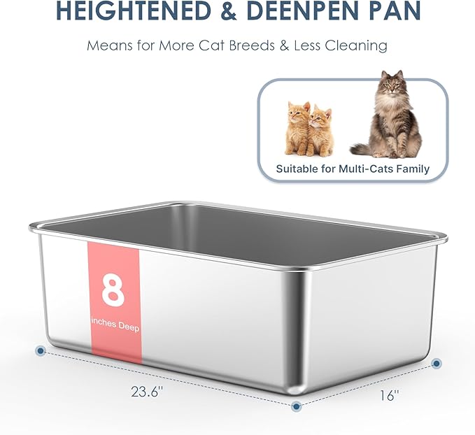 2 Pack 23.6"x 15.7"x 8" Extra Deep & Large Stainless Steel Litter Box for Big Cats, Non-Stick Odorless Metal Litter Box, XL Stainless Steel Pan with Footboard, Cat Litter Box Litter Tray