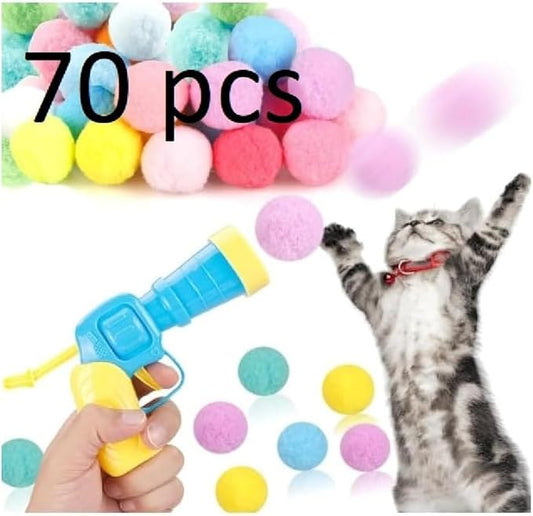 Cat Toy Ball Launcher, Interactive Cat Toy for Indoor Cat, Cat Gun with 70 Plush Balls, Cat Toy for House Cats, Exercise Toys for Kitten and Adult Cats, Kitten Toys, YELLOW BLUE