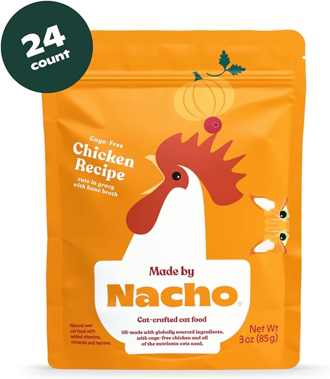 Made by Nacho Wet Cat Food, Cuts in Gravy, Limited Ingredients, Cage-Free Chicken Recipe with Bone Broth for Extra Hydration, (24) 3 oz. Pouches, Limited Ingredients