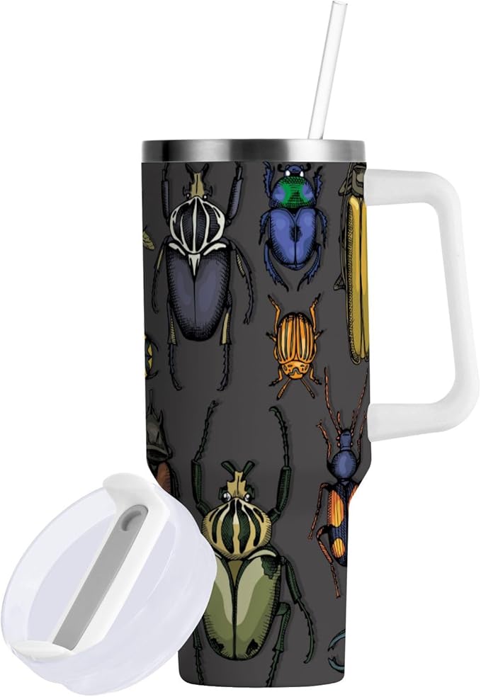 Boccsty Bright Insects Dark Insulated Tumblers Beetle Reusable Stainless Steel Tumbler 40 oz Cup Coffee Travel Mug Water Bottle with Handle & Flip Straw for Home Office Car