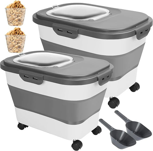 2 Sets Dog Food Storage Containers 15-20 Lbs Collapsible Dog Food Storage Container - with Measuring Cup &Scoop(Grey+grey)