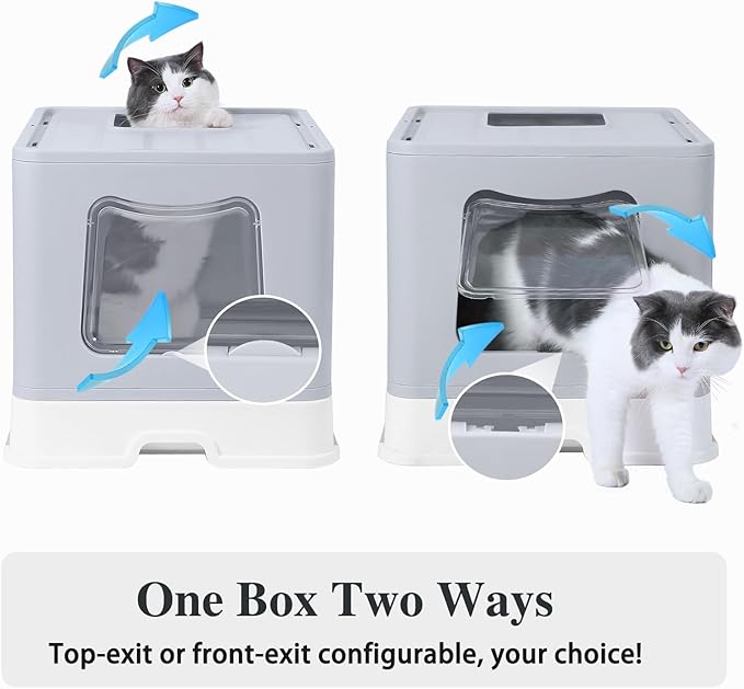 Bolux Foldable Cat Litter Box with Lid, Extra Large Litter Box with Cat Litter Scoop, Drawer Type Cat Litter Pan Easy to Scoop & Low Tracking (Grey XL)