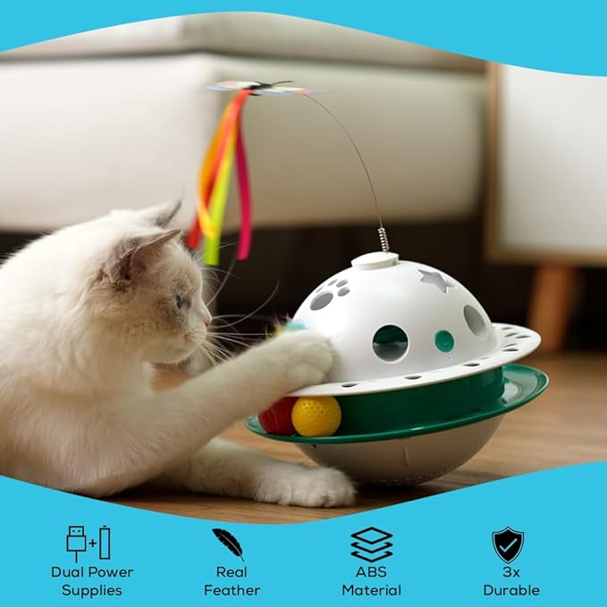 Interactive Cat Toys for Indoor Cats 4 in 1, Flying Butterfly, Shooting Feather, Catnip Balls, Automatic Kitten Toy, Dual Power Supplies & Stylish Design (Green)