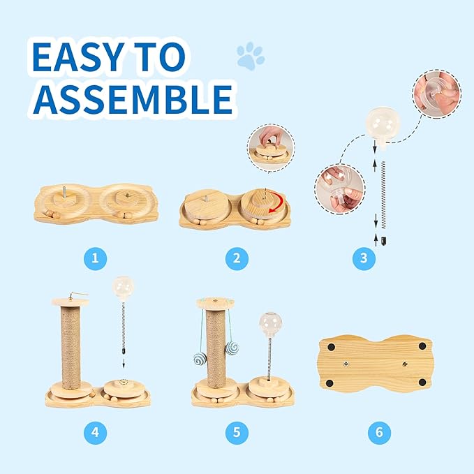 Marchul 4 in1 Interactive Cat Toy, Natural Sisal Cat Scratching Post with Hanging Balls, Cat Toys with Roller Track Ball by Wooden, Cat Food Feeder Toy with Treat Ball for Indoor Cats and Kittens