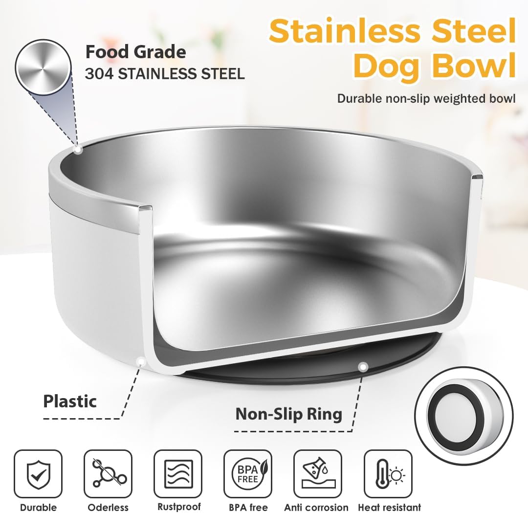 IKITCHEN Dog Bowl for Food and Water, 40 Oz Stainless Steel Pet Feeding Bowl, Durable Non-Skid Double Wall Insulated Heavy Duty with Rubber Bottom for Medium Large Dogs (40 Ounces/5 Cup, White)