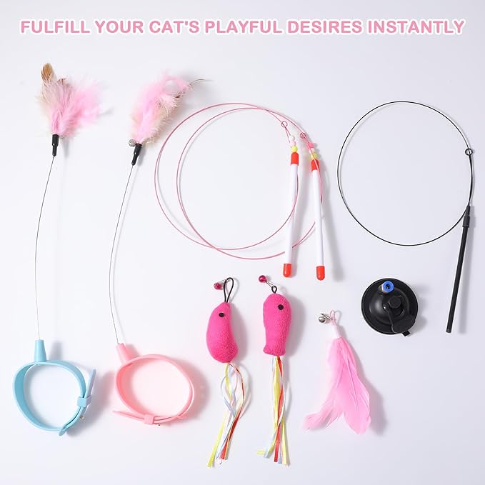 5Pcs Cat Feather Toy, Adjustable Cat Collar Neck Collar Toy Cat Teasing Wand with Silicone Collar, Funny Cat Stick, Interactive Self Playing Toys Bell for Indoor Cat Playing Small Animals(5 Style)