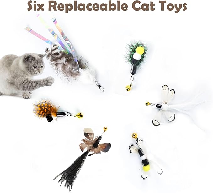 Cat Insect Feather Toys Replacement Cat Toy Wand Refills, 6 Pieces Natural Insect Cat Toy Feathers Refill, Interactive Cat Teaser Wand Attachments, with Bell