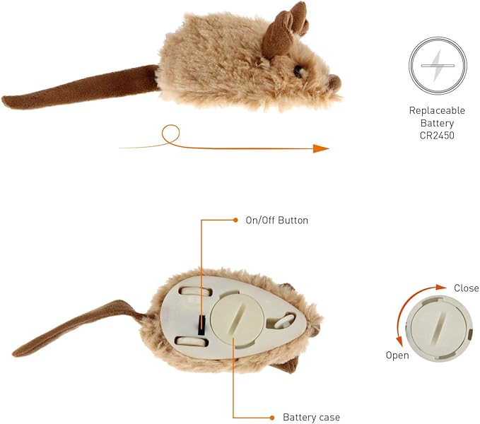 Gigwi Interactive Cat Toy Mouse, Moving Automatic Cat Toys Mice Electronic with Furry Tail, Automatic Squeaky Cat Toys for Kitten Indoor/Outdoor Exercise (Brown-Ear)