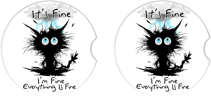 Car Coasters 2 Pack, Small 2.56" Ceramic Stone & Non-Scratch Cork Base Car Cupholder Absorbent Coaster Set for Women/Men Drink Cup Holder Coasters (I'm Fine Cat) BD-10