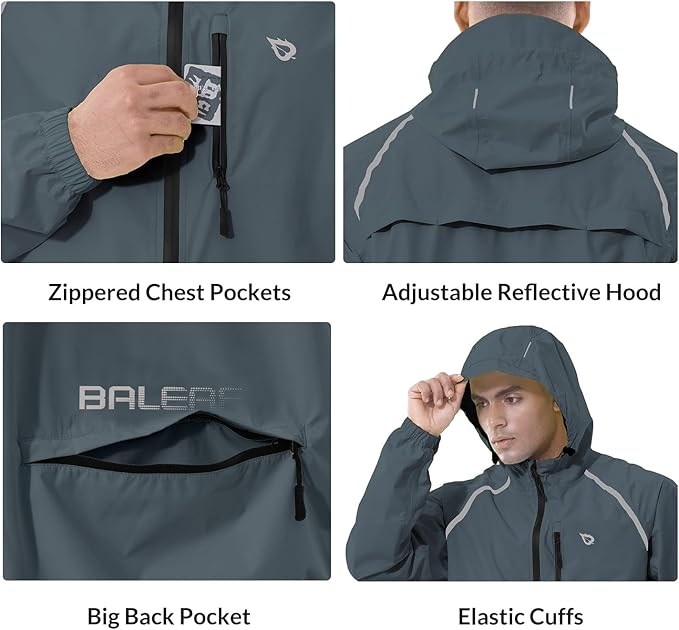 baleaf Men's Rain Jacket Waterproof Windbreaker Running Cycling Golf Hiking Gear Hood Lightweight Reflective Packable