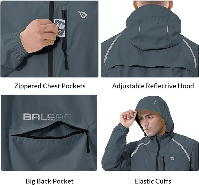 baleaf Men's Rain Jacket Waterproof Windbreaker Running Cycling Golf Hiking Gear Hood Lightweight Reflective Packable