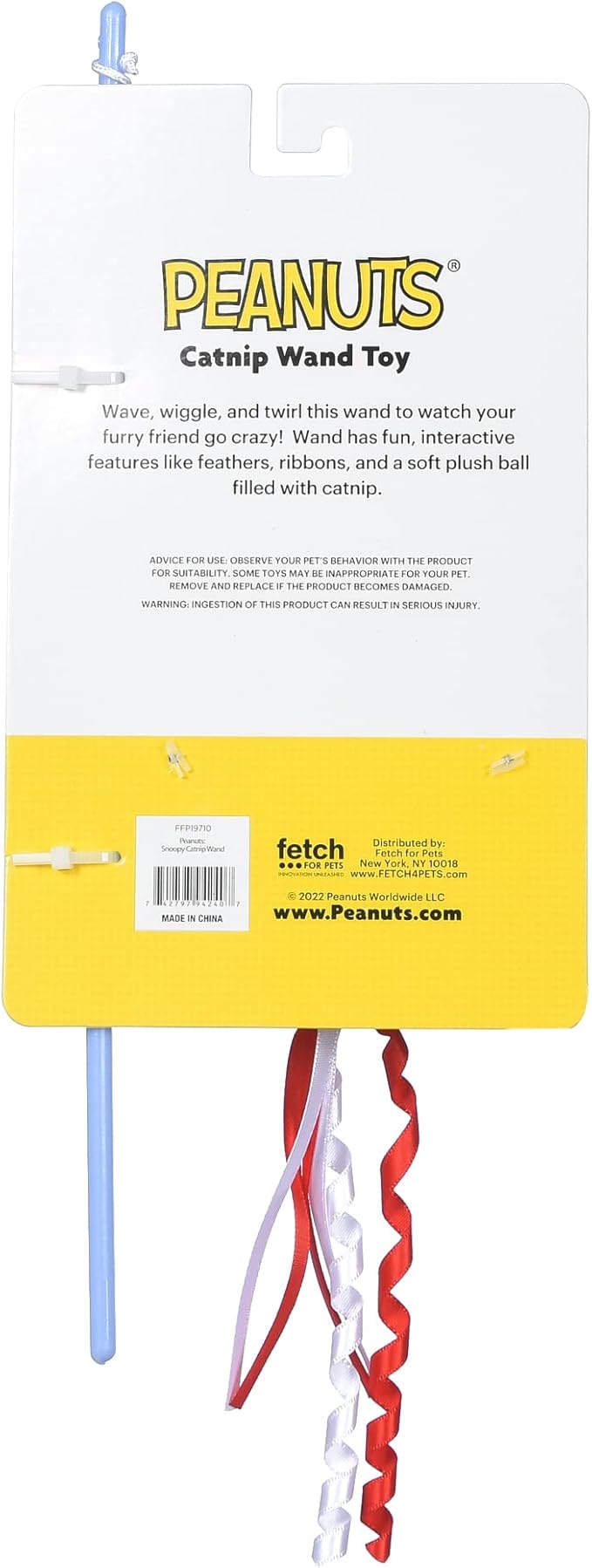 Peanuts Snoopy Catnip Wand Cat Toy Interactive Toy for Cats, Dancing Teaser with Ribbons | Cat Exercise Toy with Feathers and Catnip, 12 Inch (FF19710)