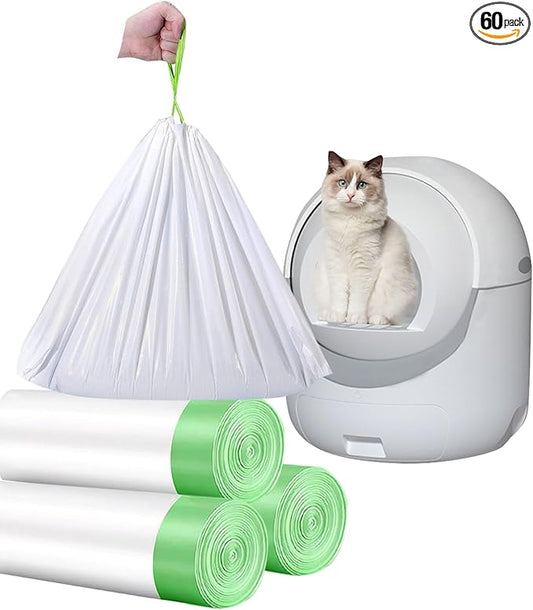 60 Count Cat Drawstring Litter Box Liners 26.6x16.7 inches 2Mils Super Thick White Cat Litter Waste Bags Poop Bags for Self-Cleaning Litter Box Cat Litter Pan Trays(Green Drawstring 60 count)