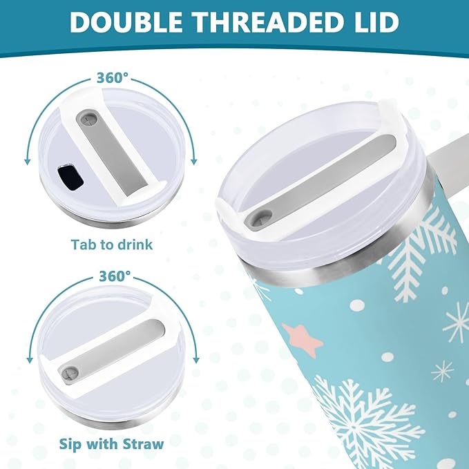 Boccsty Blue White Snowflakes Christmas Insulated Tumblers Reusable Stainless Steel Tumbler 30 oz Cup Coffee Travel Mug Water Bottle with Handle & Flip Straw for Home Office Car