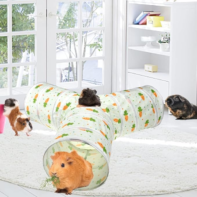 Vehomy Bunny Rabbit Tunnels Rabbit Cat 3 Way Collapsible Tunnel with Cute Carrot Patterns Small Pet Hideout Activity Tunnel Tube Toy for Bunny Kitten Cat Dwarf Guinea Pig Y Shape