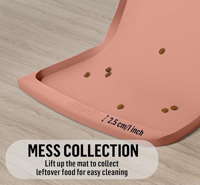 OHMO Dog Food Mat(Rose, 24 * 15'') w/Residue Collection Pocket Silicone Pet Feeding Mat for Floor High Edges Anti Spills Waterproof Cat Water Bowl Tray, Easy Clean Placemat