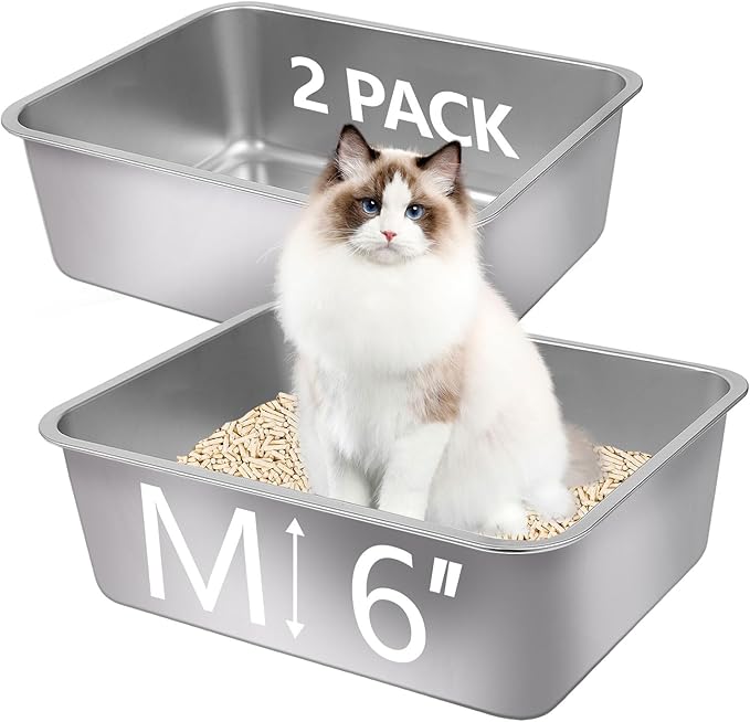 2Pcs Stainless Steel Cat Litter Box, Metal Kitty Litter Box with High Sides, Rust Proof Litter Tray Pan, Pet Toilet for Kitten Rabbit, Non Stick Non Odor, Easy to Clean, 17.5 x 13.5 x 6 in