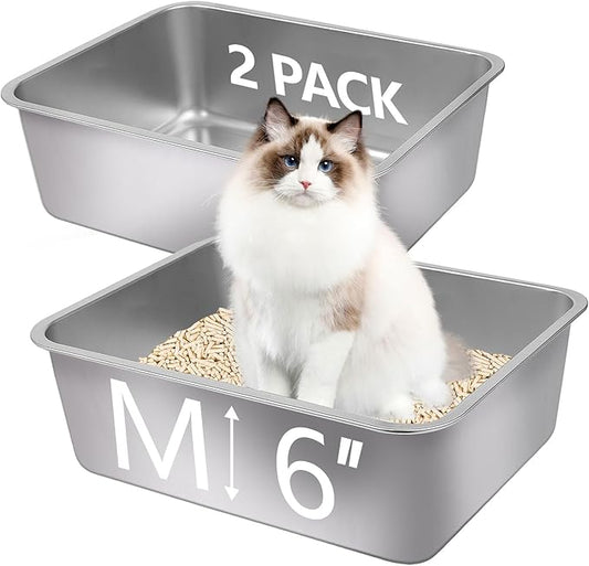 2Pcs Stainless Steel Cat Litter Box, Metal Kitty Litter Box with High Sides, Rust Proof Litter Tray Pan, Pet Toilet for Kitten Rabbit, Non Stick Non Odor, Easy to Clean, 17.5 x 13.5 x 6 in