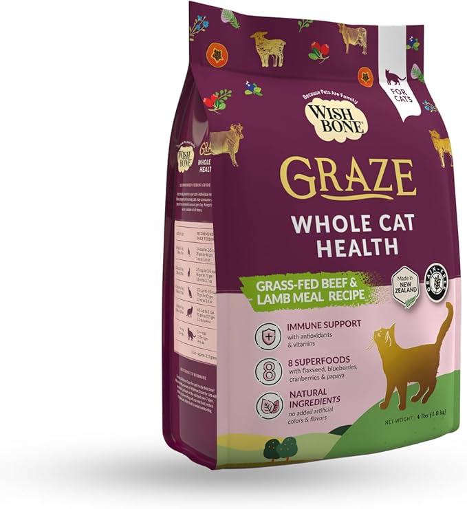 Wishbone Graze New Zealand Beef and Lamb, Gluten Free, Grain Free Dry Cat Food, Premium Beef and Lamb Recipe Cat Food for Overall Pet Health - 4 lb