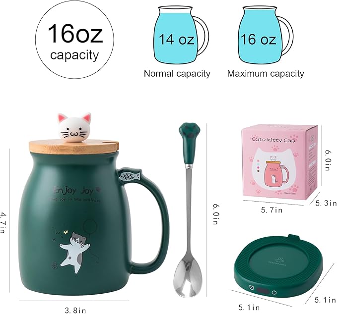 Bsigo Cute Cat Mug Set & Electric Smart Mug Warmer for Home & Office, Beverage Tea & Coffee Cup Warmer with 3-Temp Settings, 8H Auto Shut Off, Green