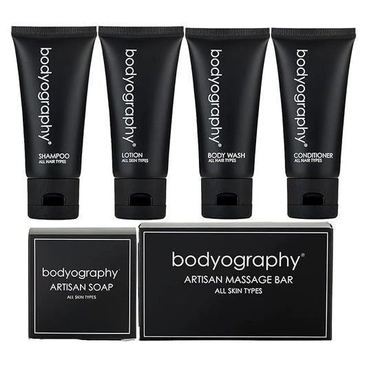 Bodyography Toiletry Kit, 6 Piece Set Shampoo, Conditioner, Body Wash, Lotion, Hand Soap, Massage Bar, Clear Travel Bag