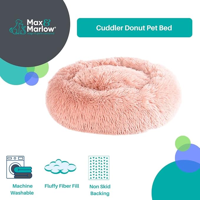 Max & Marlow Long Lush Faux-Fur, Anti-Anxiety Cuddler, Donut Dog & Cat Bed, Non Slip Bottom, Small, Pink