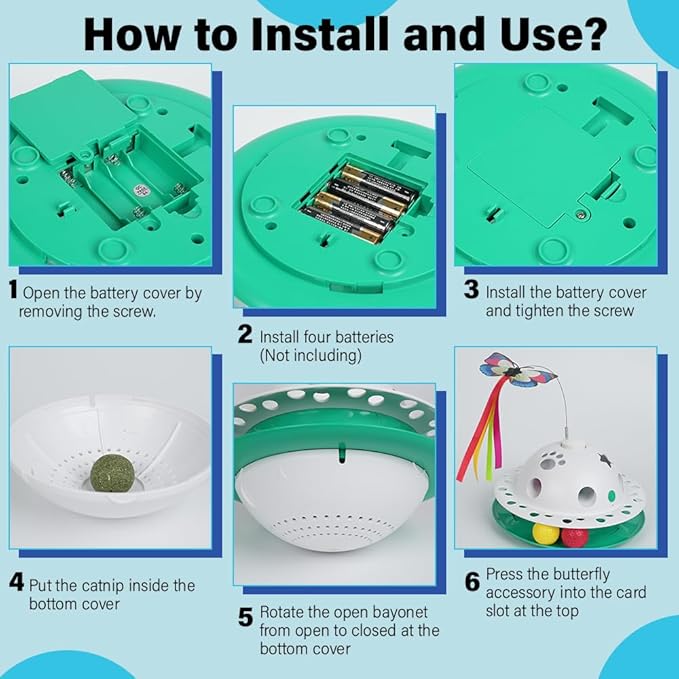 Interactive Cat Toys for Indoor Cats 4 in 1, Flying Butterfly, Shooting Feather, Catnip Balls, Automatic Kitten Toy, Dual Power Supplies & Stylish Design (Green)