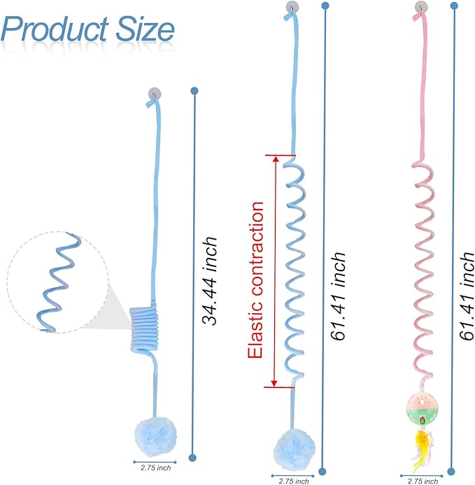 WishLotus Interactive Cat Toys, 2 Pack Soft Plush Cat Toys for Indoor Cats Self-Hanging Door Cat Plush Toys with Bells Long Tail Elastic Indoor Cat Toys for Cat Chase Play and Kill Time (Pink+Blue)