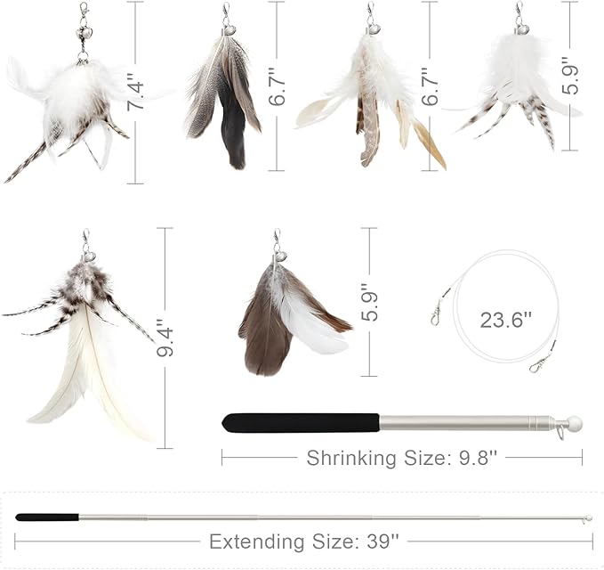 SONGWAY Cat Feather Toys Wand - 7 Pcs Interactive Cat Toys for Indoor Cat Kitten, Retractable Cat Wand Toy with 6 Natural Feather Refills with Bell, Cat Fishing Pole Toy