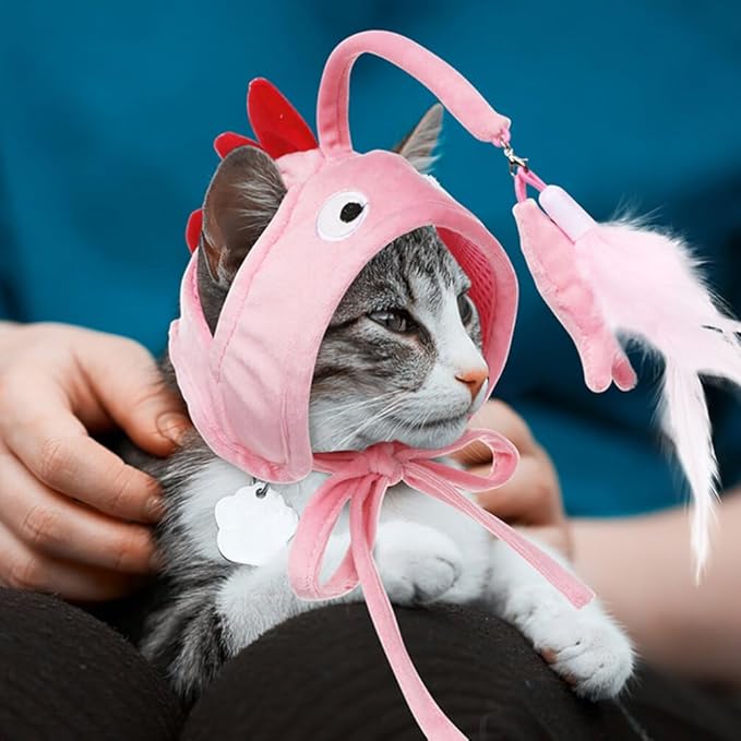 POPETPOP Pet Cat Teaser 2pcs Head Mounted Cat Headgear Interactive Self-Service Adjustable Size Cat Hat Feather (Pink)