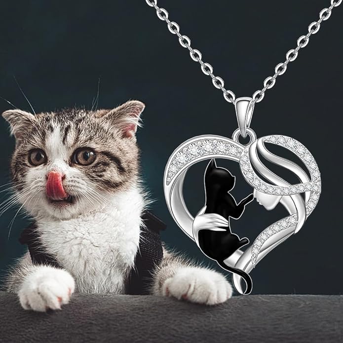 Black Cat Necklace for Women 925 Sterling Silver Cat Necklace Heart Cat Necklaces Pendant Halloween Christmas Gifts