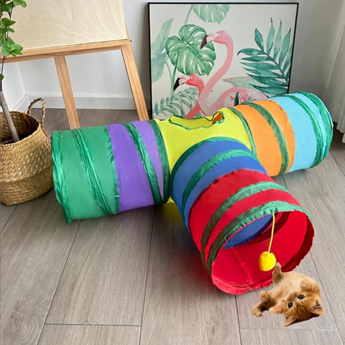 Cat Tunnel Tube Toys, Colorful Tunnels for Indoor Cats, 3 Way Collapsible Interactive Toy Maze House with Peek Holes Dangling Ball for Rabbit, Kitten, Kitty, Puppy