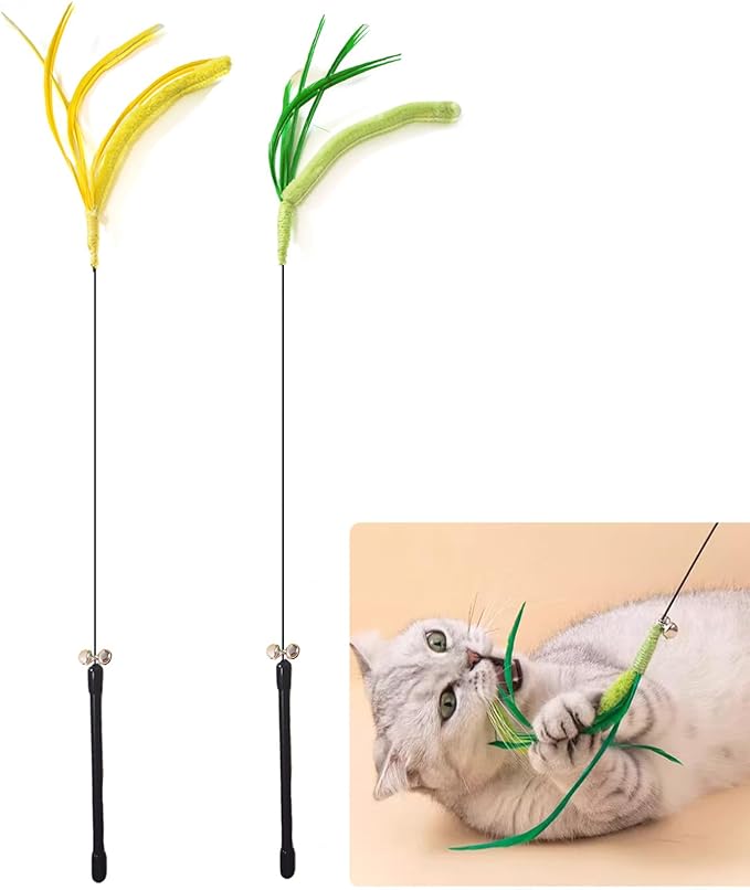 IUHKBH Cat Wands, 2 PCS Steel Wire Cat Feather Toys Long Pole Cat Teaser Wand with Bell Interactive Cat Toy for Cats and Kitties