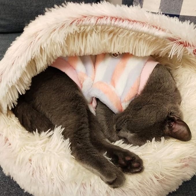 La La Pet® Modern Pet Soft Plush Burrowing Cave Faux Fur Cuddler Round Cat Bed Self Warming Autumn Winter Indoor Snooze Sleeping Cozy Nest for Mini Medium Sized Dog Kitty Teddy Kennel (Pink, M)