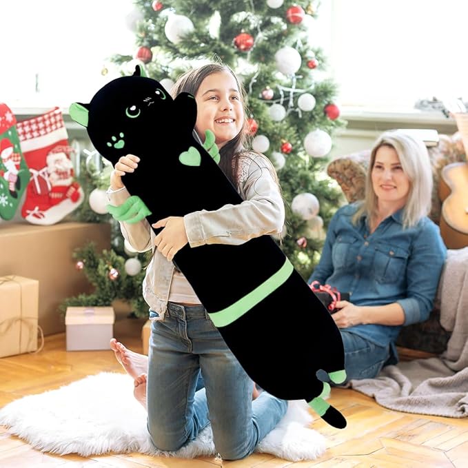 Long Cat Plush Body Pillow, Cute Cat Plush Toy Pillows with Wings, Stuffed Animals Kitten Soft Plushies Gifts for Kids Girls Girlfriend(AngelCat Green, 35.4in/90cm)