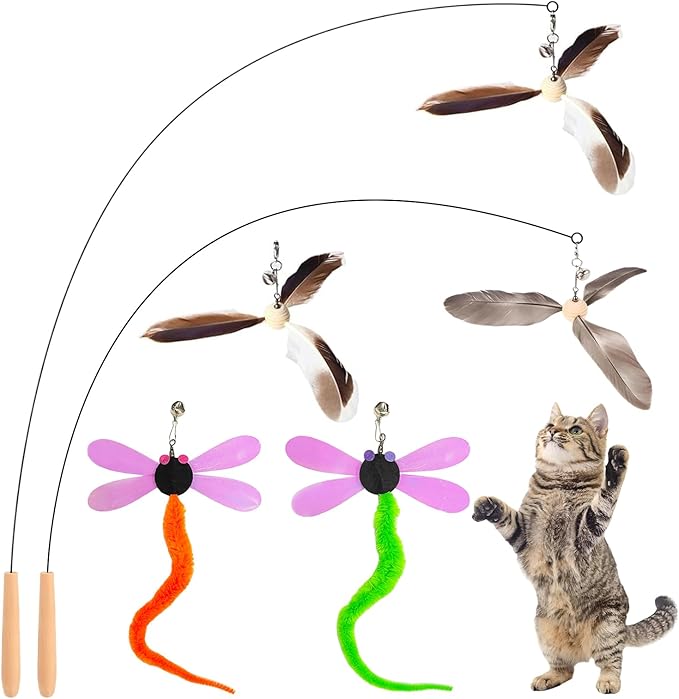 Kingtree Cat Teaser Wand Toys, Interactive Feather Cat Wand Toy with 5 Bell Feather Refills & 2Pcs 35'' Flexible Steel Wire Wood Handle Wands, Cat Feather Toys for Indoor Cats to Play Chase Exercise