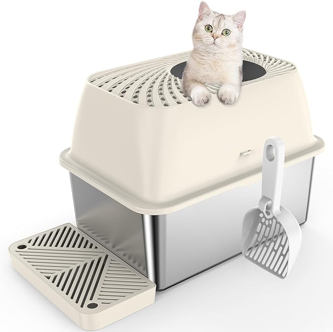 8" Deep Stainless Steel Litter Box with Lid, Top Entry Litter Box for Dog-Proof, Covered Cat Litter Box with Filter Footboard & Scoop, Odor Control, Anti-Leakage, Non-Sticky, Easy Cleaning (Ivory)