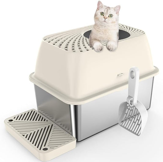 8" Deep Stainless Steel Litter Box with Lid, Top Entry Litter Box for Dog-Proof, Covered Cat Litter Box with Filter Footboard & Scoop, Odor Control, Anti-Leakage, Non-Sticky, Easy Cleaning (Ivory)