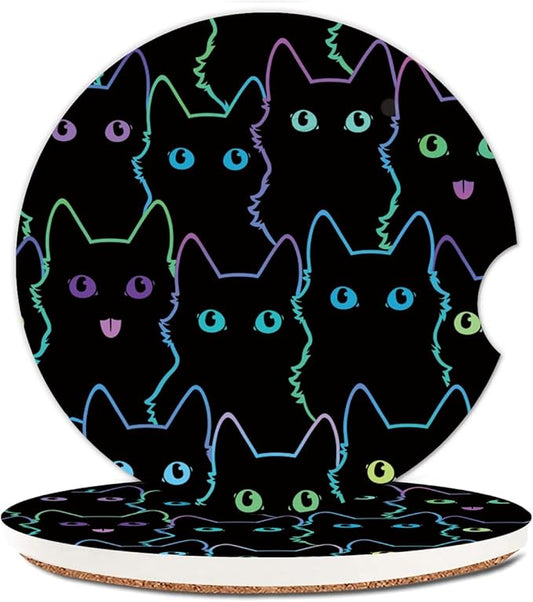 Absorbent Car Cupholder Coaster 2 Pack, Cute Car Coasters with a Finger Notch for Women & Men,2.56" Ceramic Stone & Non-Scratch Cork Base Drink Coasters, Cute Auto Accessories Gifts (Cute Cats)