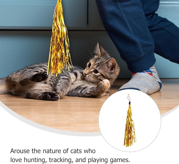 LUOZZY 16 Pcs Cat Teaser Wand Metallic Foil Tassel Cat Wand Toy Replacement with Bell Interactive Catcher Teaser for Pet, Random Color