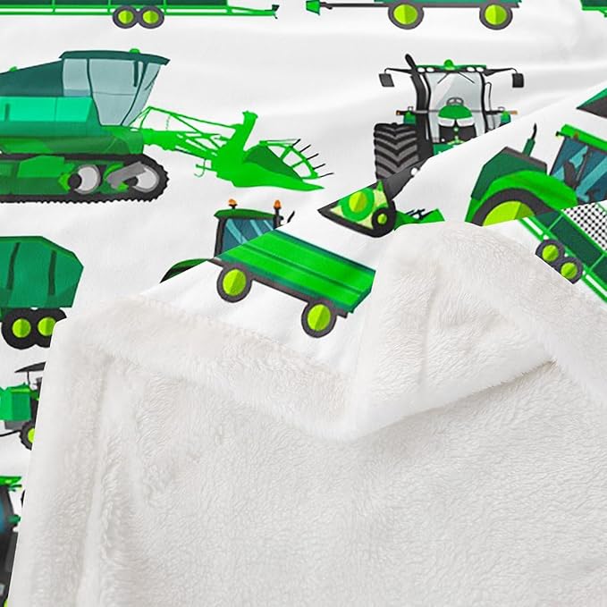 Equipment Trucks Sherpa Blanket Kids Boys Excavators Fleece Throw Blanket for Bed Sofa Couch Children Green Vehicle Plush Blanket Soft Construction Tractor Decor Fuzzy BlanketThrow 50"x60"