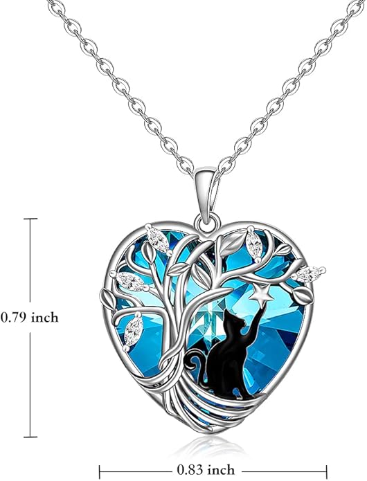 Black Cat Necklace for Women Sterling Silver Tree of Life Crystal Cat Pendant Necklace Heart Cats Jewelry Charms Friendship Memorial Valentines Christmas Gifts