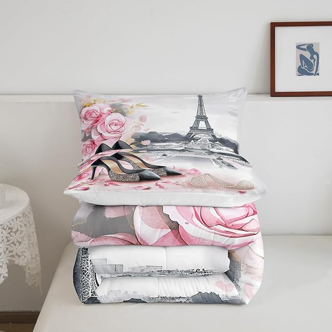 High-Heeled Shoes Princess Kids Comforter Set King Size,Roses Flowers Paris Eiffel Tower Bedding Set,Women Girls Room Decor,Glitter Diamond Romantic Down Comforter,Pink Duvet Insert,2 Pillowcases
