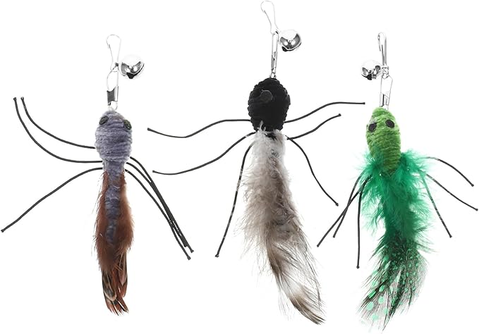 Milisten Cat Toy Wand Replacement with Bell: 3Pcs Interactive Cat Teaser Replacement Insect Attachment - Cat Furry Toy Refills for Cat Kitten Wand (Green+Grey+Black)