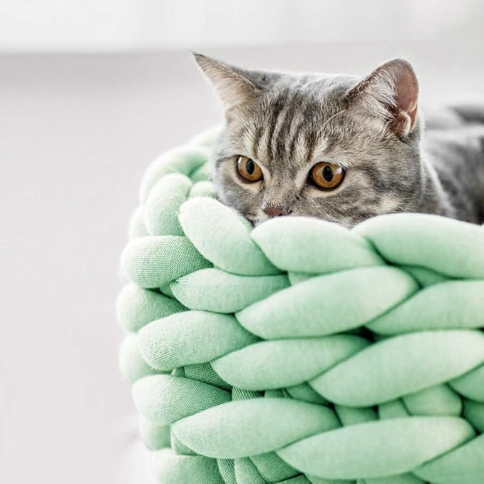 Lucky Monet Cat Basket Bed Cotton Knitted Round Pet Beds for Cats Cute Boho Cat Pet Bed Warm Woven Cat Nest for Puppy Kitten Cats Dogs (11.8", Mint Green)