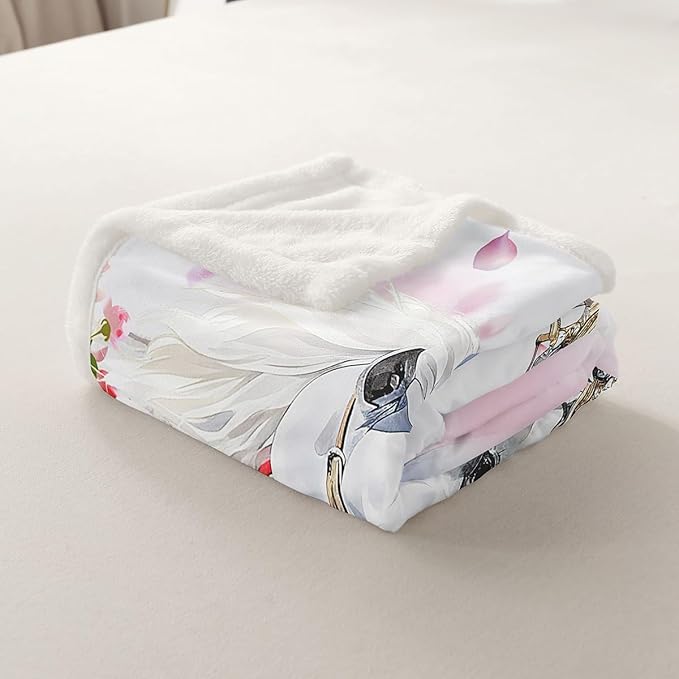 Feelyou White Horse Throw Blanket Girls Pink Floral Farmhorse Fleece Blanket Kids Adults Wild Animal Design Sherpa Blanket for Bed Sofa Chair Bedroom Decor Wildlife Plush BlanketTwin 60"x80"