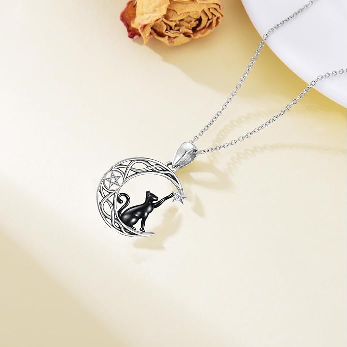 Black Cat/Dragon/Fox/Wolf Necklace 925 Sterling Silver Celtic Moon Pentagram Pendant Gothic Jewelry Goth Halloween Gifts for Women
