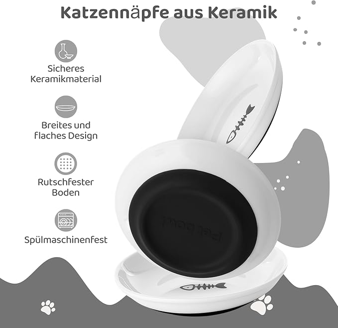 Dorakitten Ceramic Cat Bowls 3 Pack, No Whisker Fatigue Wide Shallow Cat Dishes with Non-Slip Silicone Bottom, Pet Food & Water Plates, 15cm Diameter