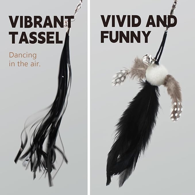 SONGWAY Cat Wand Toys for Indoor Cats - Cat Feather Toys with Retractable Cat Stick and 6 PCS Fairy Cat Teaser Toy Refills, Butterfly Tassel Plush Cat Toys Interactive, Black
